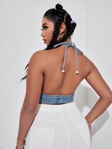 Top en mezclilla con bordado de piña con cordón trasero - Azul lavado medio - Ver 2