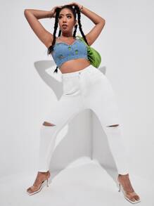 Top en mezclilla con bordado de piña con cordón trasero - Azul lavado medio - Ver 3