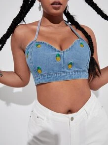 Top en mezclilla con bordado de piña con cordón trasero - Azul lavado medio - Ver 4