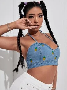 Top en mezclilla con bordado de piña con cordón trasero - Azul lavado medio - Ver 5