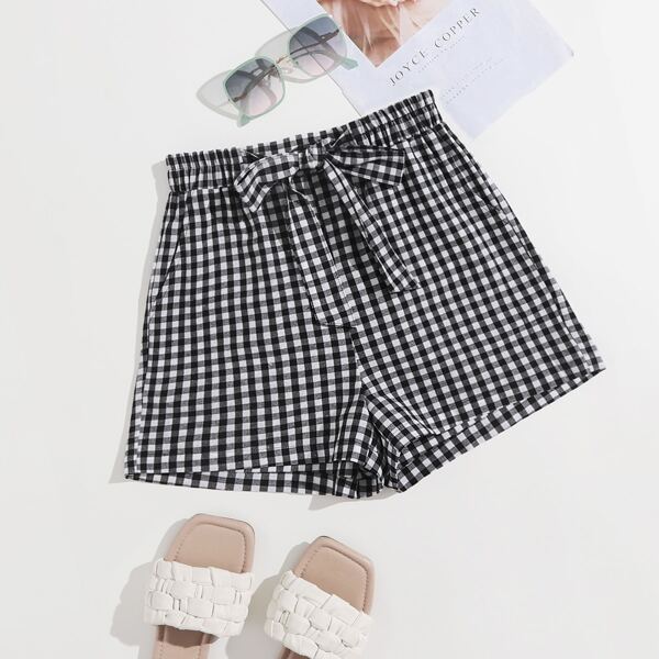 

Knot Waist Gingham Shorts, Black and white