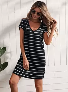 SHEIN LUNE Đầm Gân đan Sọc Giải trí - Đen và trắng - Xem 1