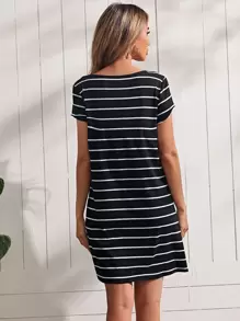 SHEIN LUNE Đầm Gân đan Sọc Giải trí - Đen và trắng - Xem 2