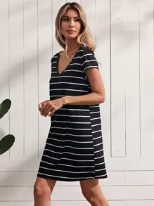 SHEIN LUNE Đầm Gân đan Sọc Giải trí - Đen và trắng - Xem 3