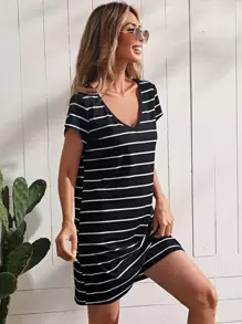 SHEIN LUNE Đầm Gân đan Sọc Giải trí - Đen và trắng - Xem 4