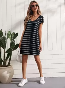 SHEIN LUNE Đầm Gân đan Sọc Giải trí - Đen và trắng - Xem 5