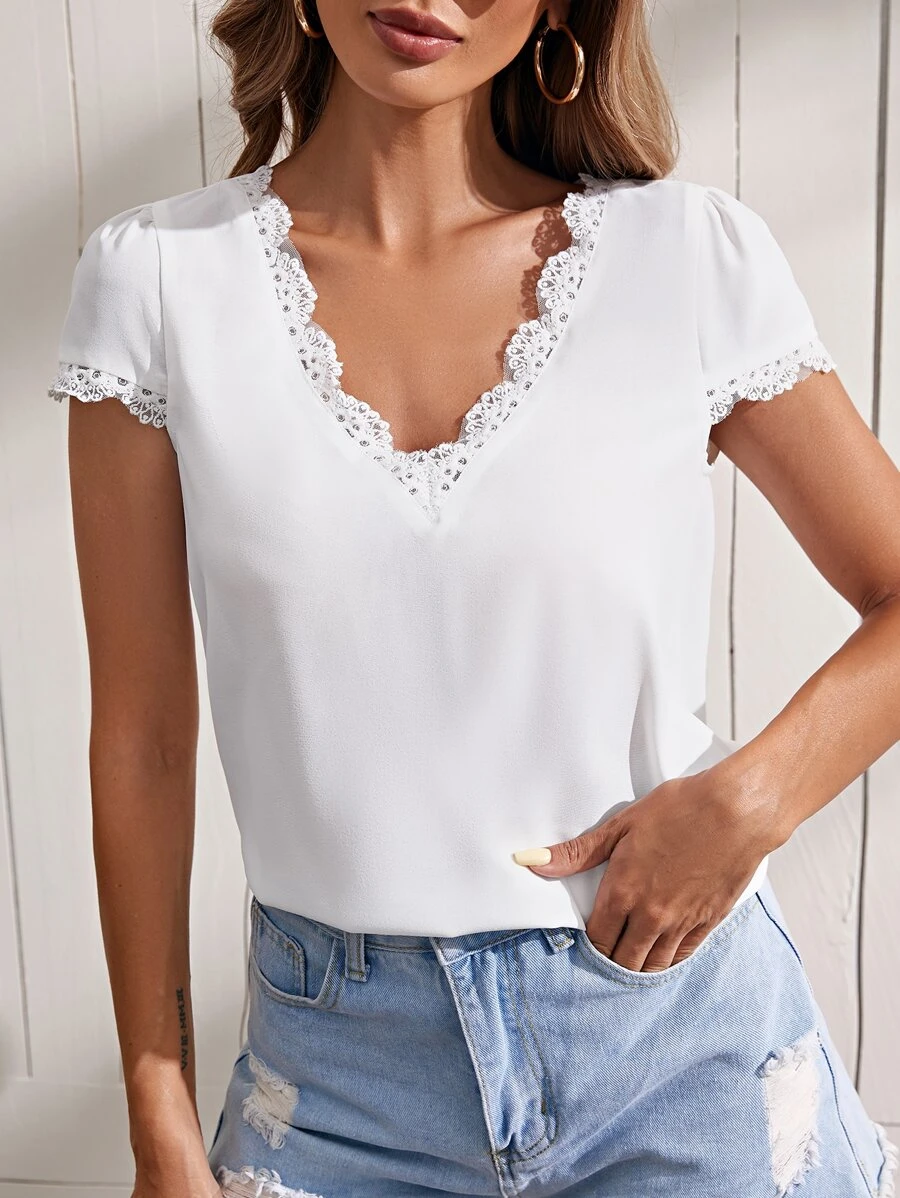 SHEIN Blusas Encaje en contraste Liso Casual - Blanco - Ver 1