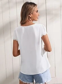 SHEIN Blusas Encaje en contraste Liso Casual - Blanco - Ver 2