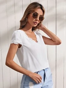 SHEIN Blusas Encaje en contraste Liso Casual - Blanco - Ver 4