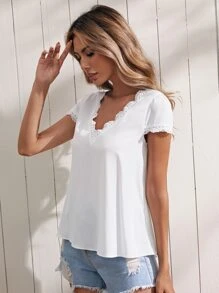 SHEIN Blusas Encaje en contraste Liso Casual - Blanco - Ver 5