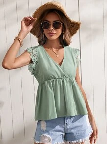 SHEIN Guipure Lace Trim Peplum Top - Mint Green - View 1