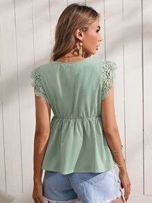 SHEIN Guipure Lace Trim Peplum Top - Mint Green - View 2