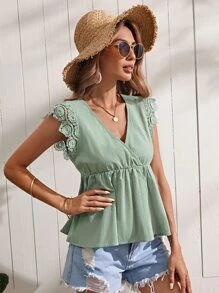 SHEIN Guipure Lace Trim Peplum Top - Mint Green - View 4