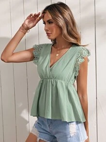 SHEIN Guipure Lace Trim Peplum Top - Mint Green - View 5