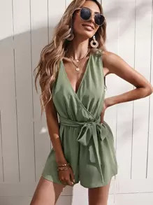SHEIN VCAY Surplice Neck Solid Belted Romper - Mint Green - View 1