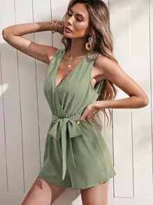 SHEIN VCAY Surplice Neck Solid Belted Romper - Mint Green - View 5