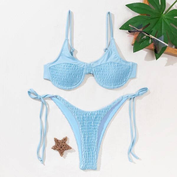 

Smocked Underwire Tie Side Bikini Swimsuit, Baby blue
