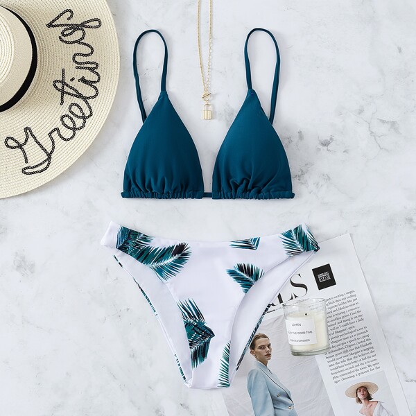 

Palm Leaf Print Triangle Bikini Swimsuit, Multicolor