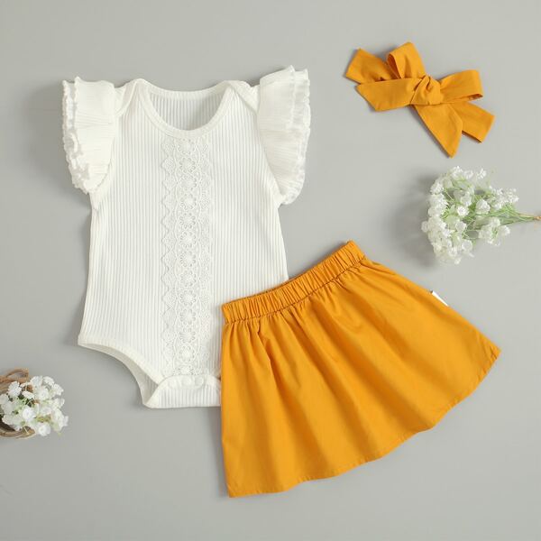 

Baby Girl Ruffle Trim Bodysuit & Skirt & Headband, Multicolor