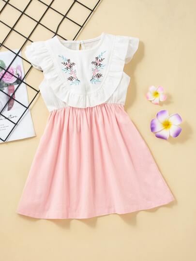 فساتين طفلة صغيرة التطريز الدانتيل منتفض حاجز اللون رسم الزهر لطيفة