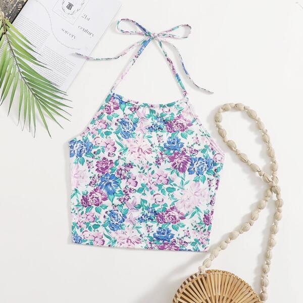 

Floral Print Tie Back Halter Top, Multicolor