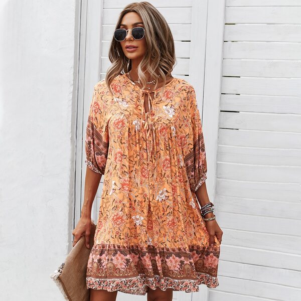 

Floral Tie Neck Dress, Orange