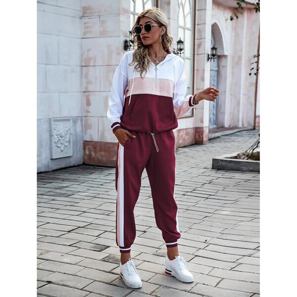 

Color-block Kangaroo Pocket Drawstring Hoodie & Sweatpants, Multicolor