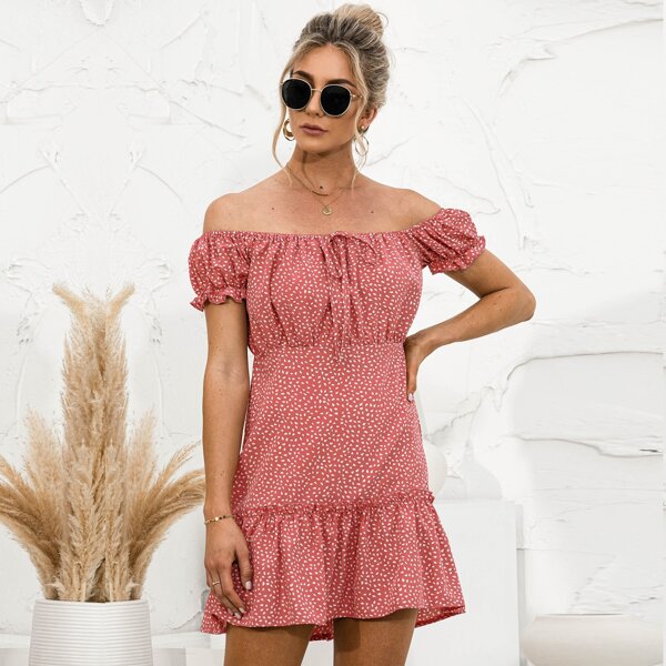 

Off-shoulder Allover Print Ruffle Hem Dress, Dusty pink