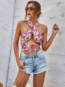 SHEIN Holidaya Floral Print Cut Out Halter Top - Multicolor - View 3