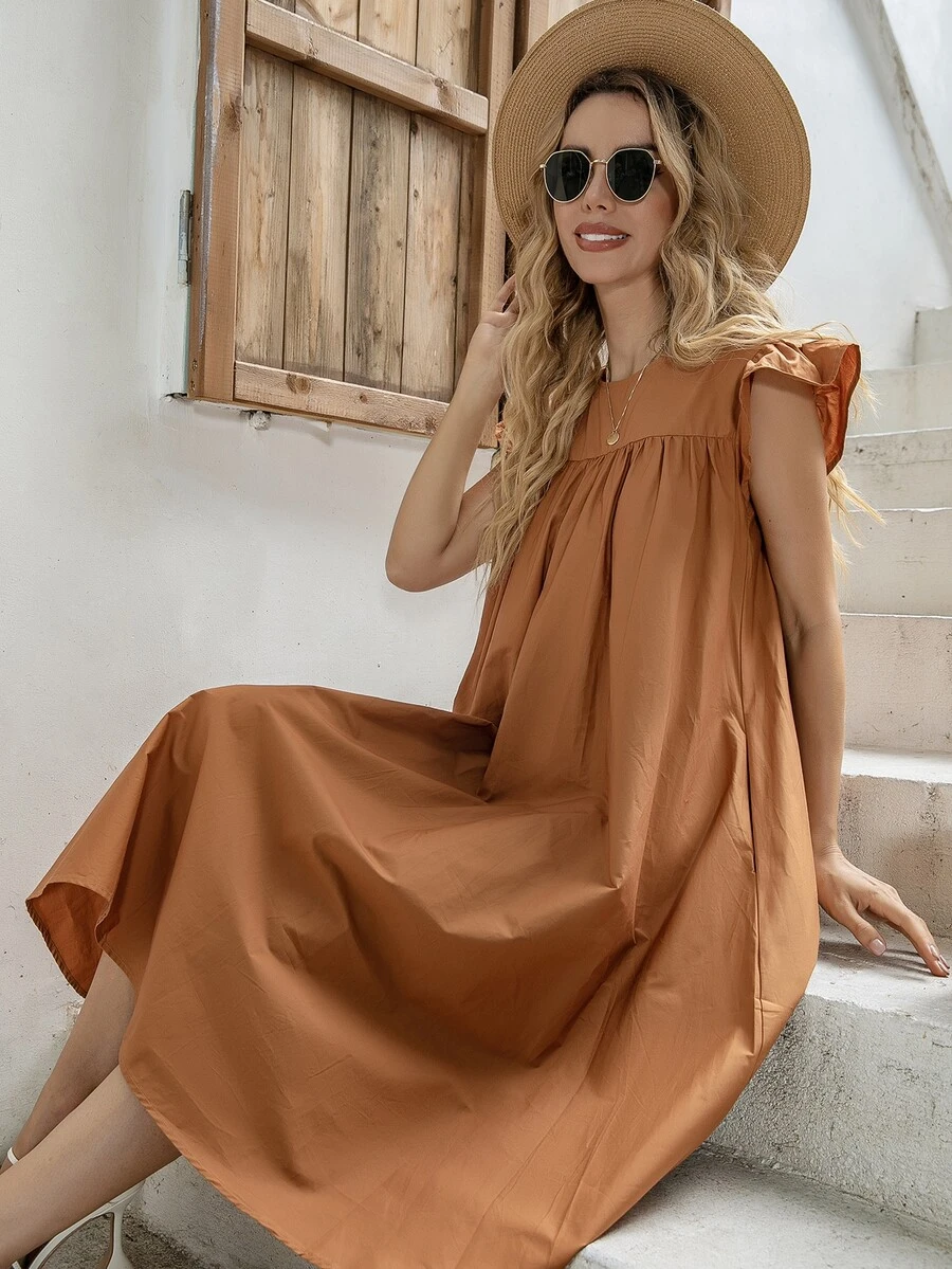 Vestido Volante Liso Dulce - Marrón - Ver 1