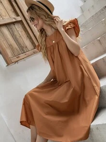 Vestido Volante Liso Dulce - Marrón - Ver 3