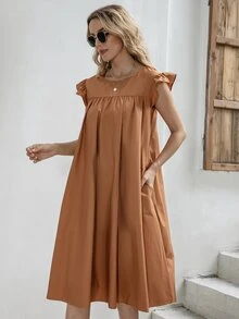 Vestido Volante Liso Dulce - Marrón - Ver 5