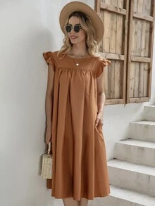 Vestido Volante Liso Dulce - Marrón - Ver 7