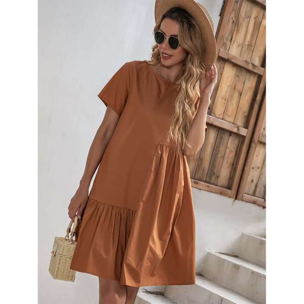 

Solid Ruffle Hem Smock Dress, Brown