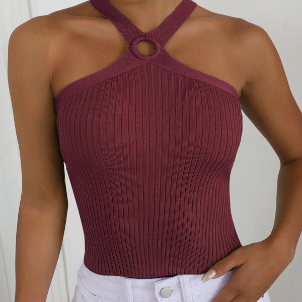 

O-Ring Linked Halter Knit Top, Burgundy