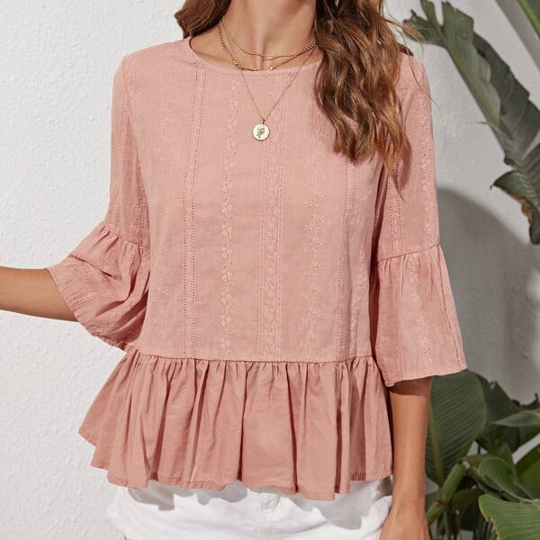 

Eyelet Embroidery High Low Peplum Blouse, Dusty pink