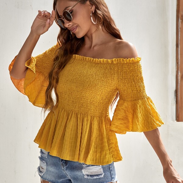

Off-shoulder Shirred Ruffle Hem Blouse, Yellow
