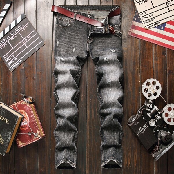 

Men Ripped Skinny Jeans Without Belt, Dark grey