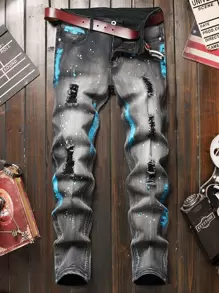 Manfinity Homme Men Cotton Washed Ripped Jeans Frayed Jeans Plain Slim Fit Long Dark Grey Washed Cargo Jeans, For Husband, Boyfriend Gifts - Dark Grey - View 1