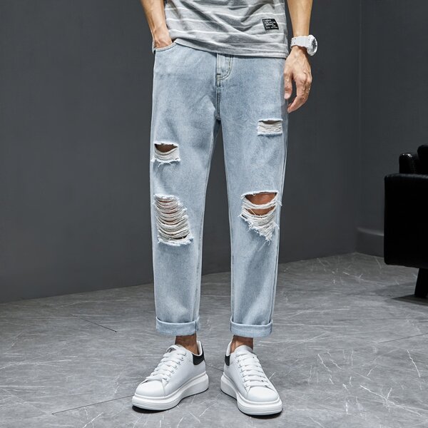 

Men Ripped Slant Pocket Jeans, Light wash