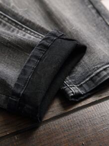 Manfinity Homme Men Cotton Washed Ripped Jeans Frayed Jeans Plain Slim Fit Long Dark Grey Washed Cargo Jeans, For Husband, Boyfriend Gifts - Dark Grey - View 3