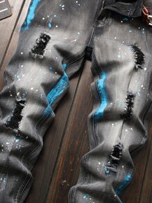 Manfinity Homme Men Cotton Washed Ripped Jeans Frayed Jeans Plain Slim Fit Long Dark Grey Washed Cargo Jeans, For Husband, Boyfriend Gifts - Dark Grey - View 7