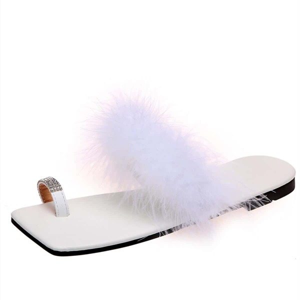 

Rhinestone Decor Fluffy Thong Sandals, White