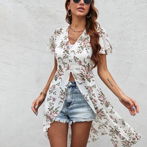 

Flower Print Button Front Kimono, Multicolor