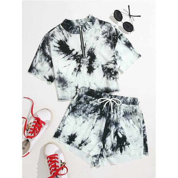 

Half Zip Tie Dye Tee & Track Shorts, Black and white