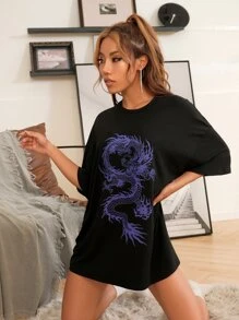 SHEIN Unity Chinese Dragon Graphic Oversized Longline Tee - Black - View 5