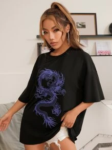 SHEIN Unity Chinese Dragon Graphic Oversized Longline Tee - Black - View 6