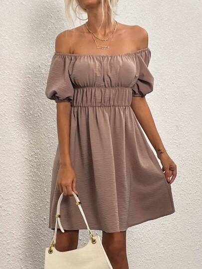 Off Shoulder Ruffle Bust Puff Sleeve Dress