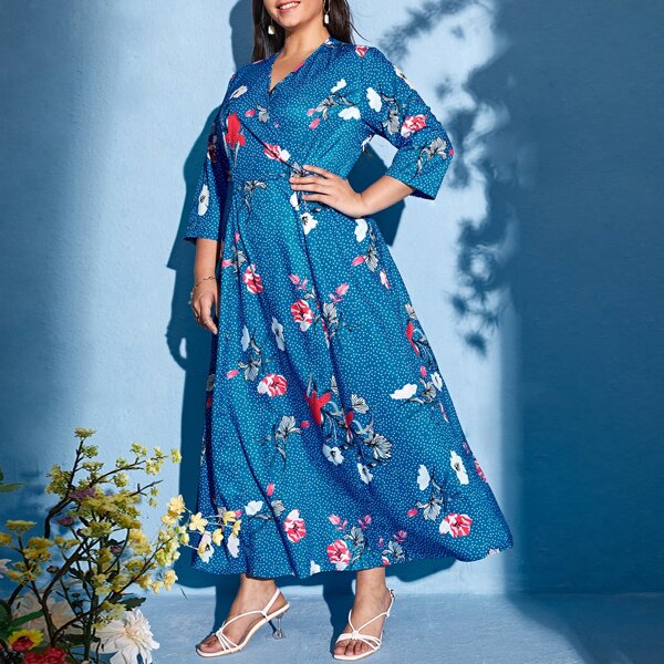 

Plus Polka Dot & Floral Print Dress, Blue