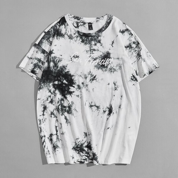 

Men Letter Graphic Tie Dye Drop Shoulder Tee, Black and white